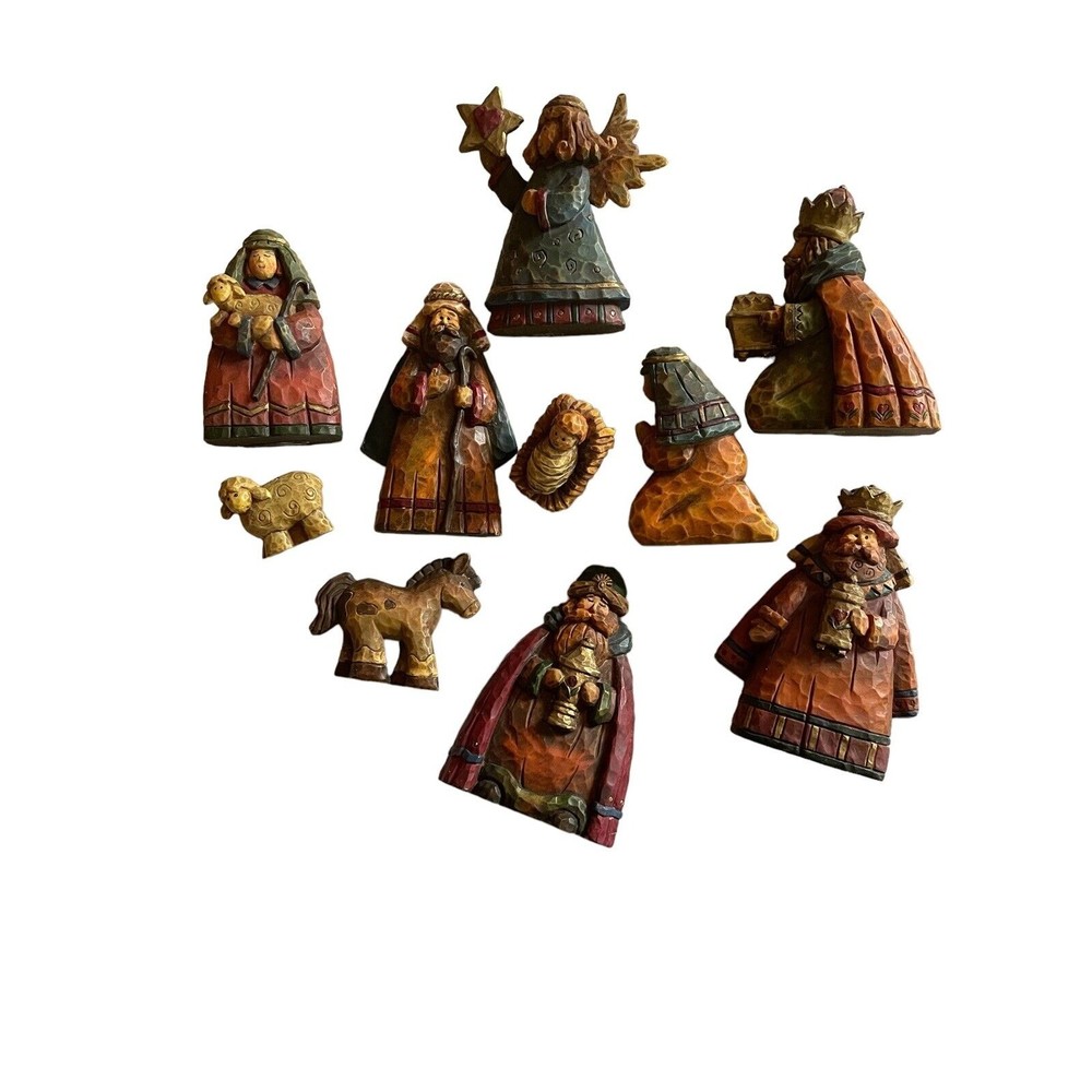 ROMAN INC Parable 2002 Nativity Set Primitive Art Resin 10 Piece